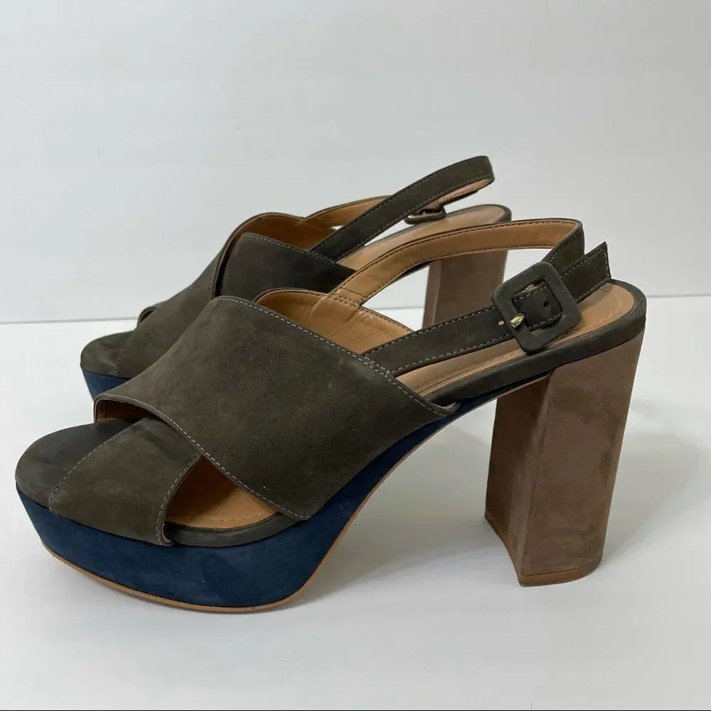 Klub Nico Gray Tan Navy Suede Chunky Heeled Platform Sandals